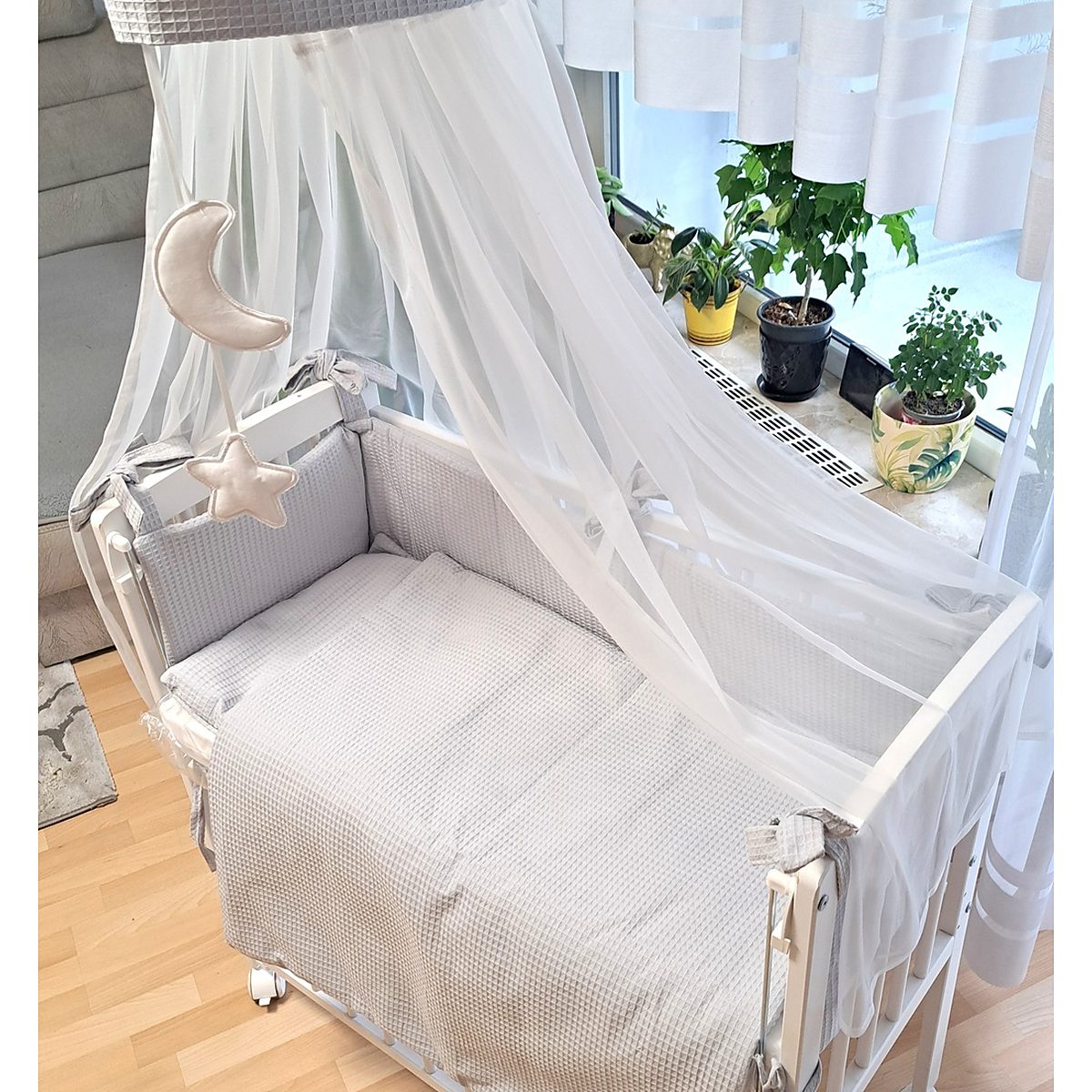 3-in-1 Beistellbett Komplettset aus Baumwollwaffel – Grau