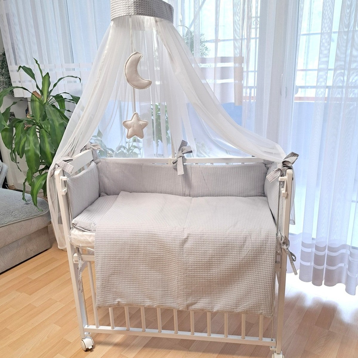 3-in-1 Beistellbett Komplettset aus Baumwollwaffel – Grau