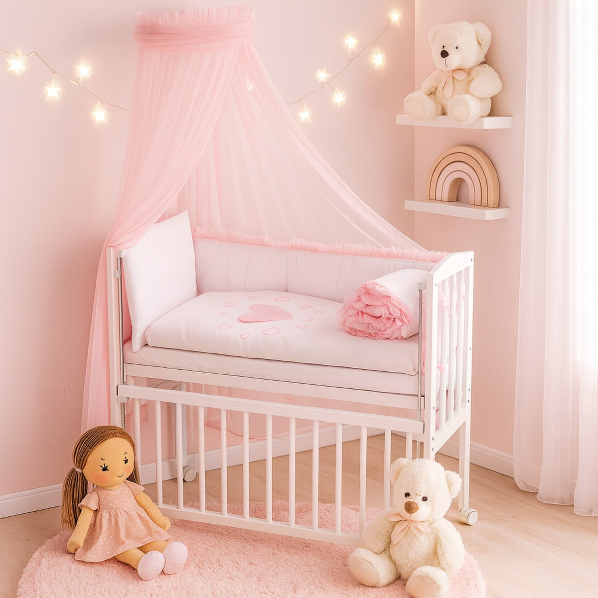 Babyhafen Beistellbett in Rosa mit Herzmotiv und Himmel – liebevolles Babybett für Mädchen