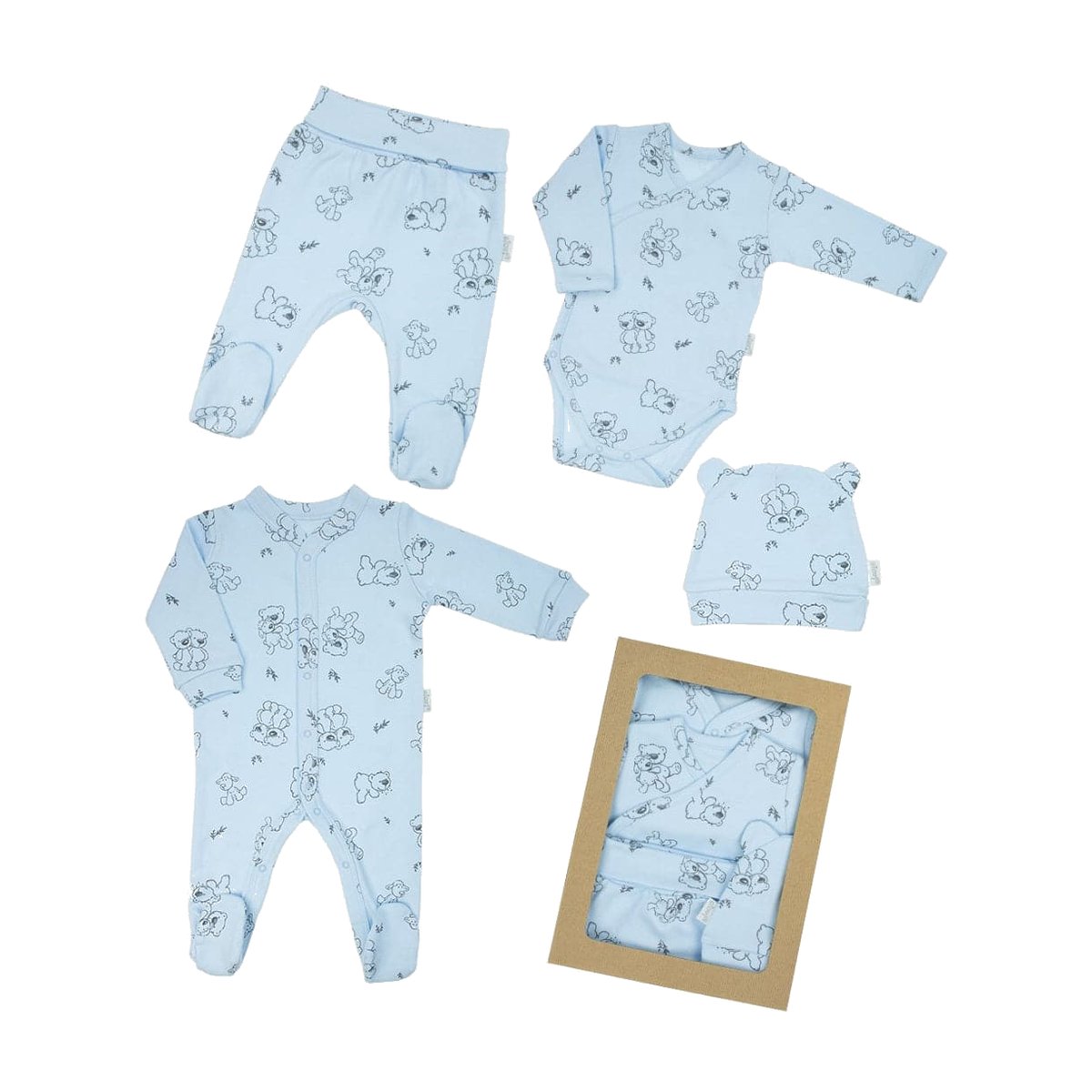 4-teiliges Neugeborenen-Set in Blau mit Body, Strampler, Hose und Mütze