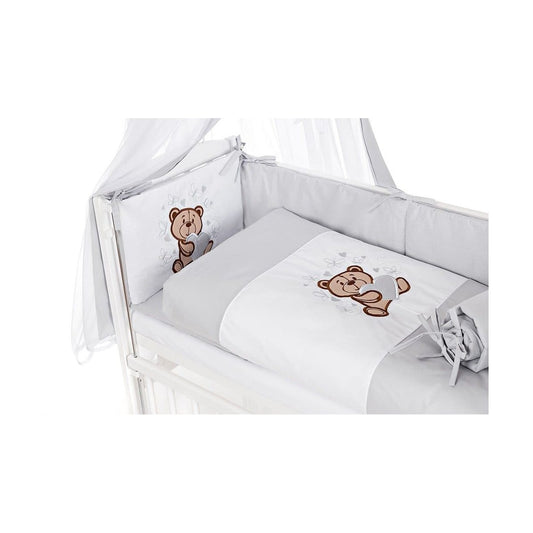 Weißes Beistellbett 90x40 cm mit grauem Teddy Bettset und Himmel