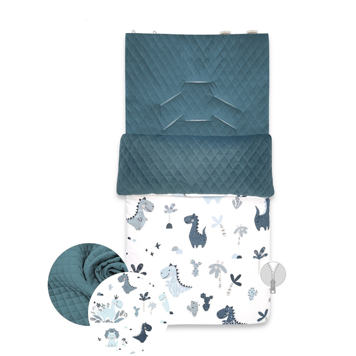 Rückseite Baby-Fußsack DINO mit Gurtschlitzen für Kinderwagen und Autositz