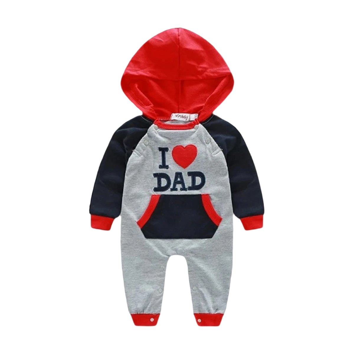 Baby Overall mit Kapuze in Grau, Rot und Schwarz mit Aufschrift I Love Dad