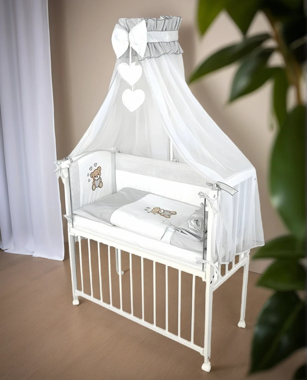 Baby Beistellbett, Textile-Ausstattung – Teddy Herzen Grau - babyhafen.de