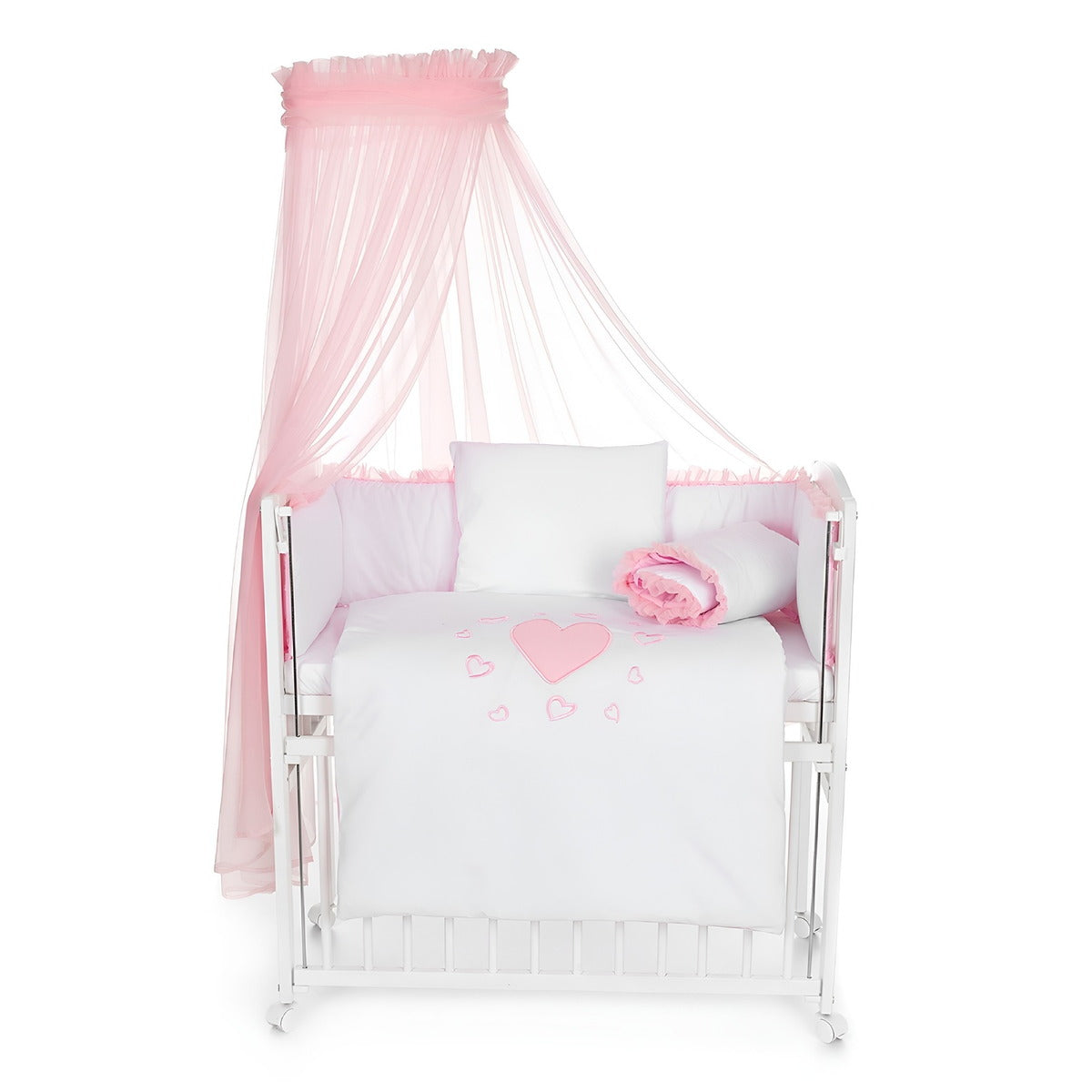 Mobiles Beistellbett 90x40 mit Rollen Komplett Herzen rosa - babyhafen.de
