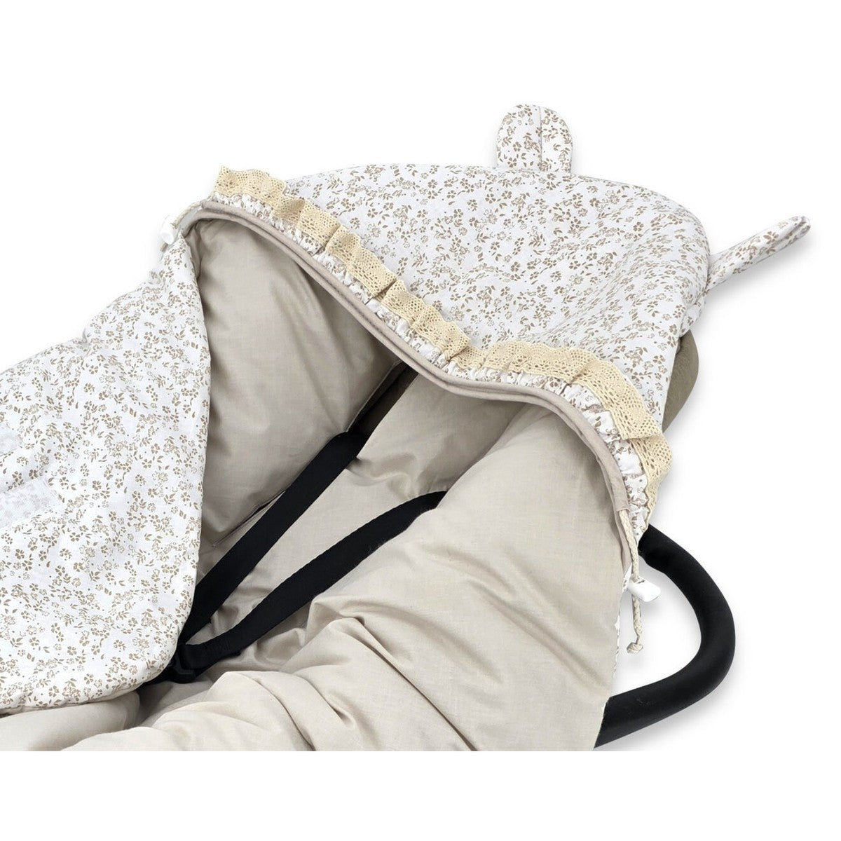 Einschlagdecke für Babyschale mit Blumenmuster, Rüsche und weicher Füllung aus Baumwolle