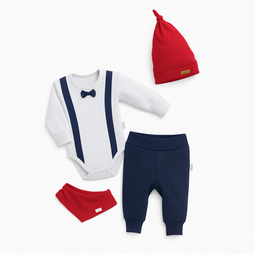 4-teiliges Baby Erstausstattung Set festlich – Body mit Hosenträgern, Hose, Mütze und Halstuch