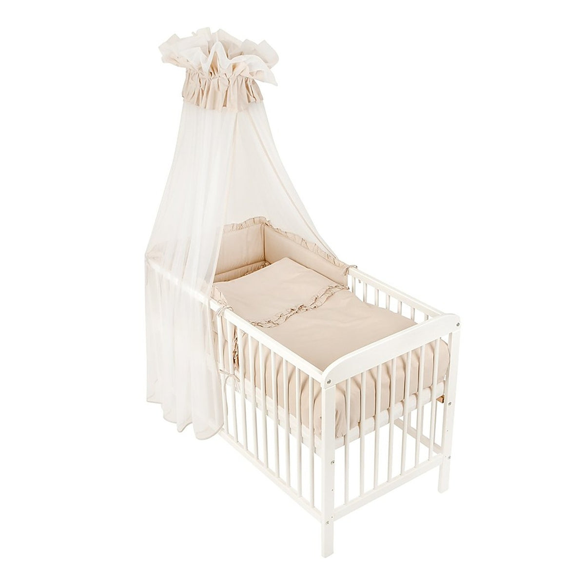 Babyhafen Royal Babybett 60x120 Beige mit Himmel und Rüschenbettwäsche