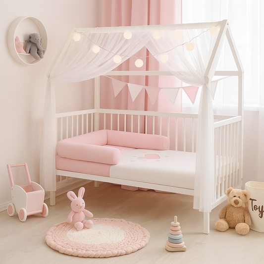 Babybett Hausbett 120x60 cm Rosa mit Bettset Herzen – weißes Holzbett mit Himmel und Wimpelkette