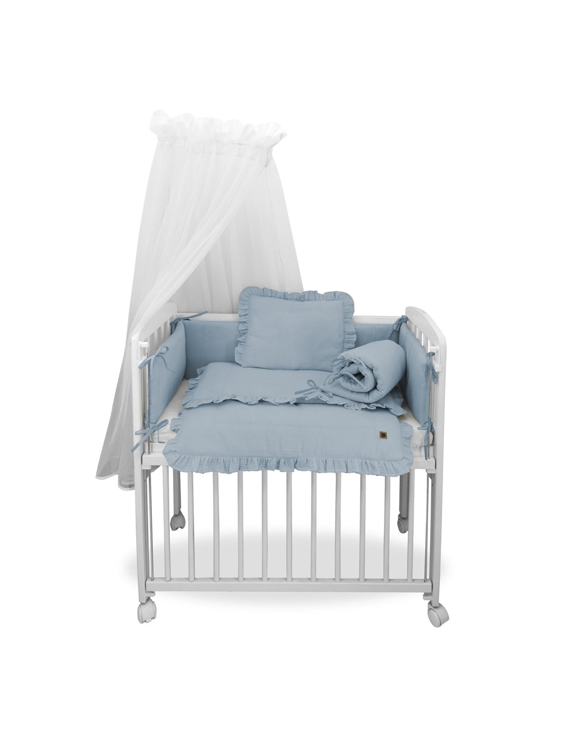 3in1 Beistellbett in Weiss mit Musselin Bettwäsche Jeans – Baby Komfort