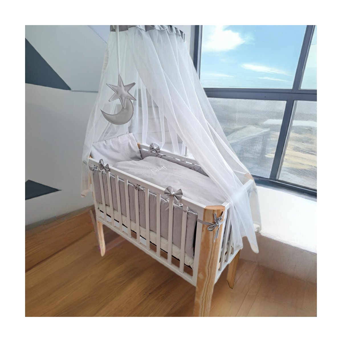 Beistellbett Stubenbett BABY HERZEN Schleifen Grau