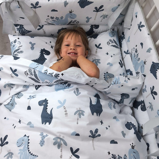 Beistellbett Babybett blau mit Dinosaurier-Motiv und kompletter Ausstattung