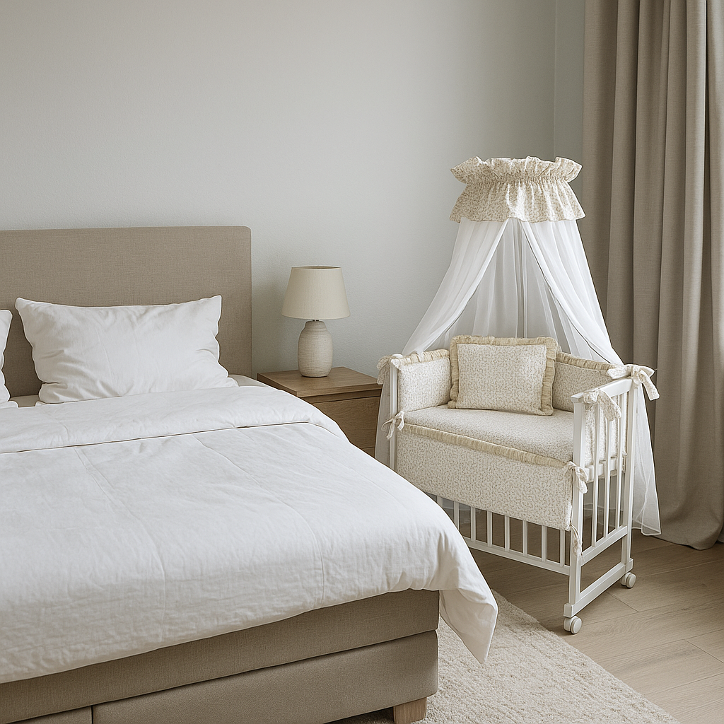 Beistellbett 40×90 Komplettset – Blümchen Beige, Rüschen & Spitze - babyhafen.de