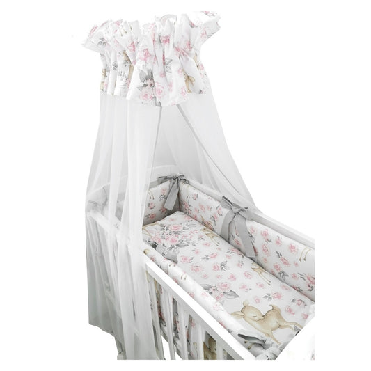 Beistellbett 90x40 cm für Neugeborene – Babybett Rehe mit Himmel und Schleifen in Grau Rosa