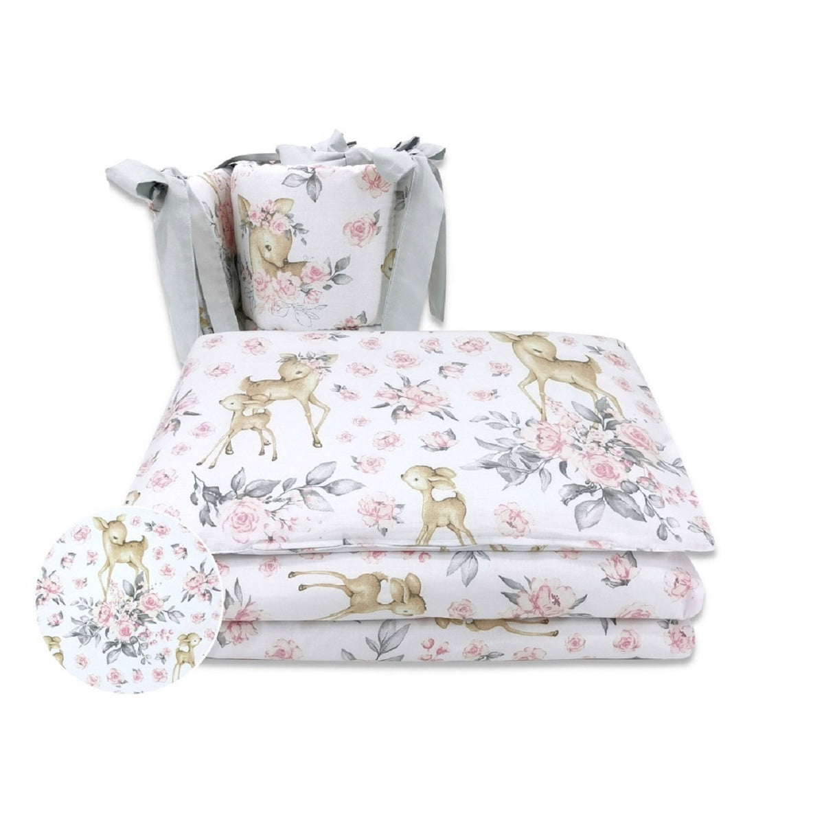 Babybettwäsche 90x40 cm Rehmotiv – Rosa Grau Stillbett Ausstattung von Babyhafen