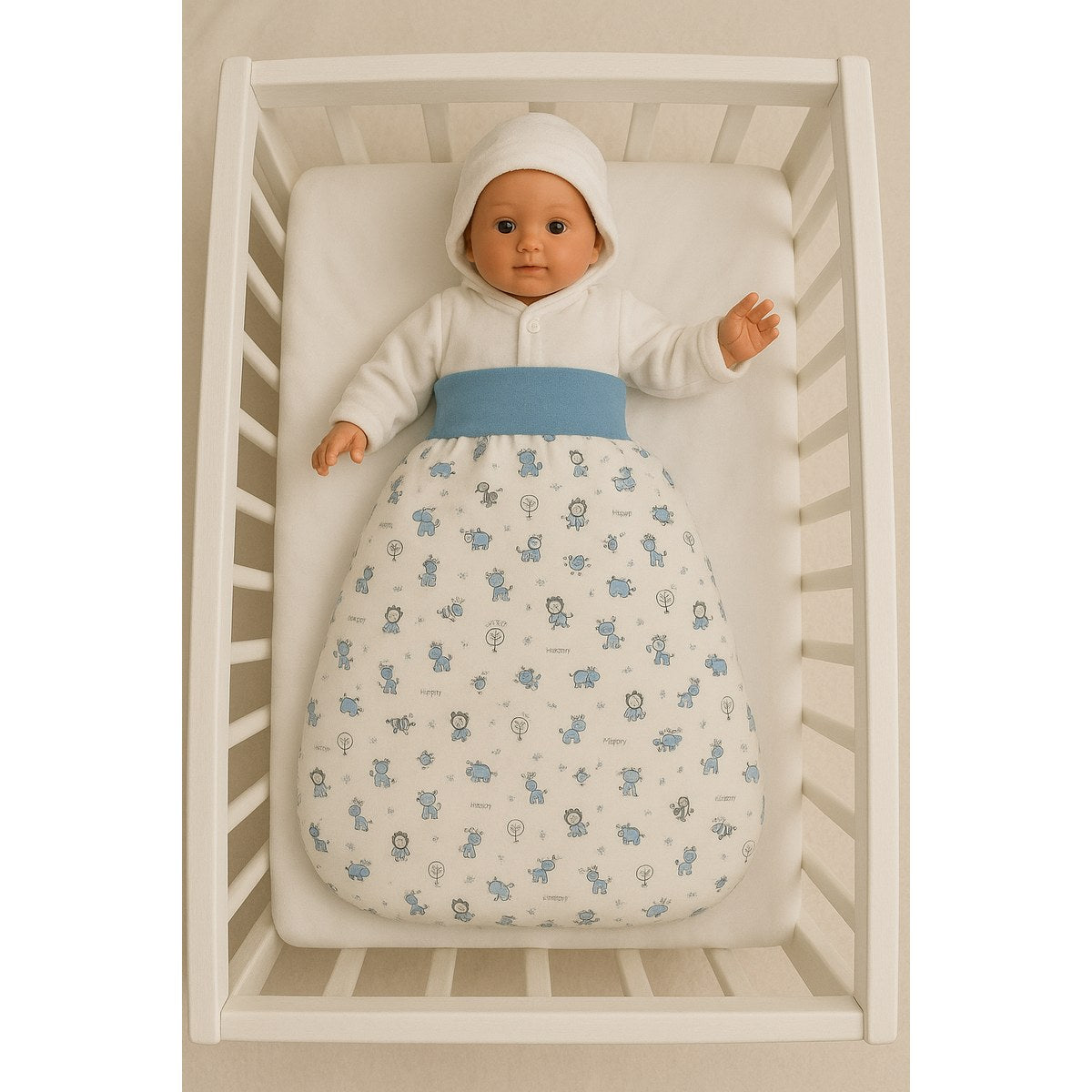 Babyschlafsack 0–6 Monate mit Zoo-Motiv in Hellblau im Babybett