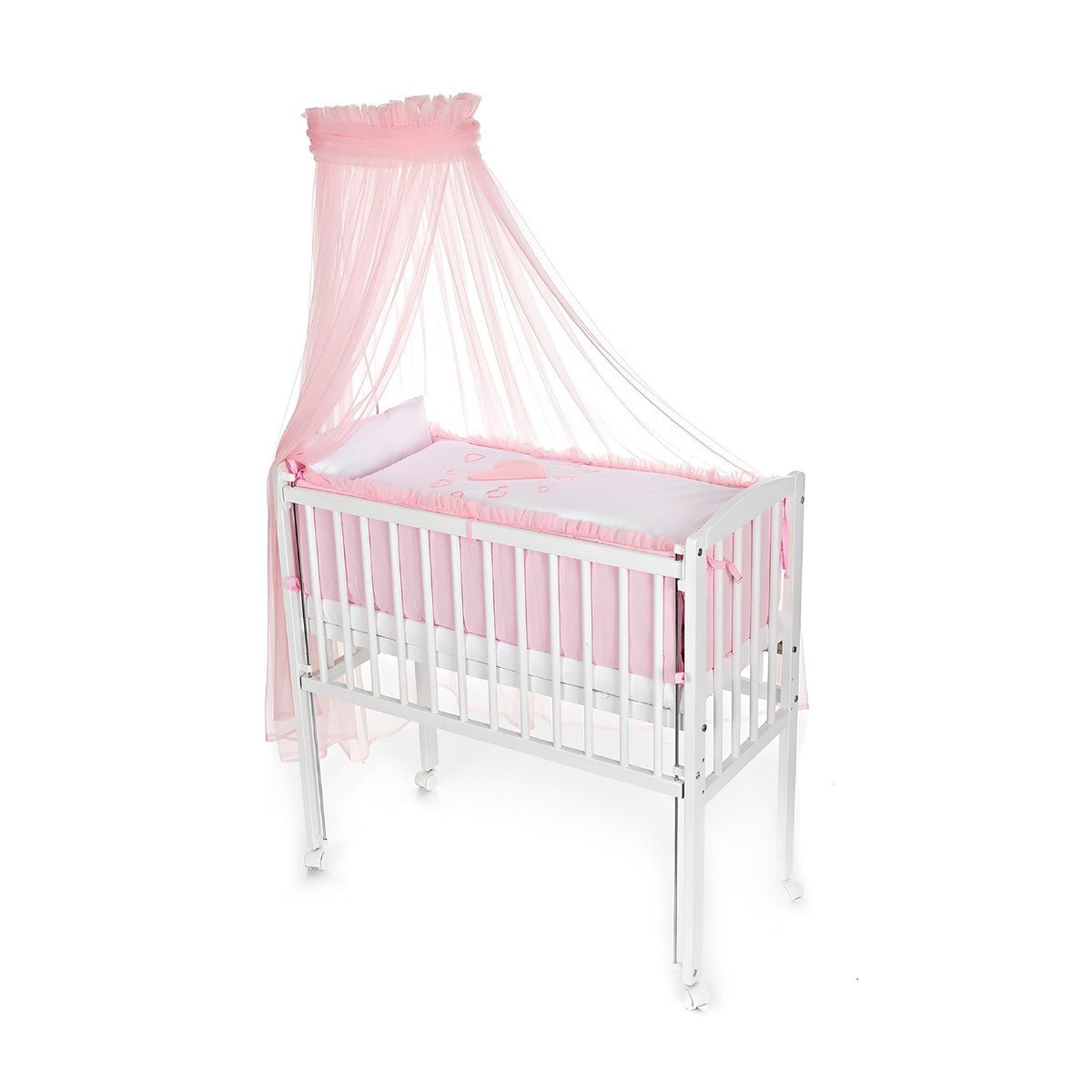 Mobiles Beistellbett 90x40 mit Rollen Komplett Herzen rosa - babyhafen.de