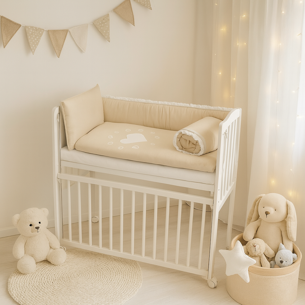 Beiges Baby Beistellbett mit Herzmotiv neben Elternbett – sicher und höhenverstellbar