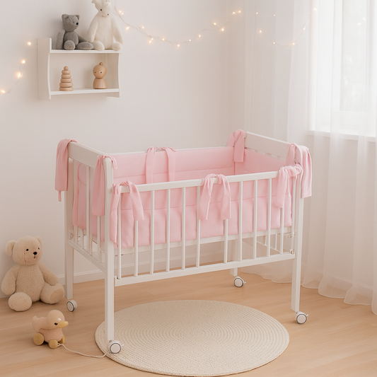 Babyhafen Beistellbett weiß mit rosa Velvet-Nestchen und Matratze