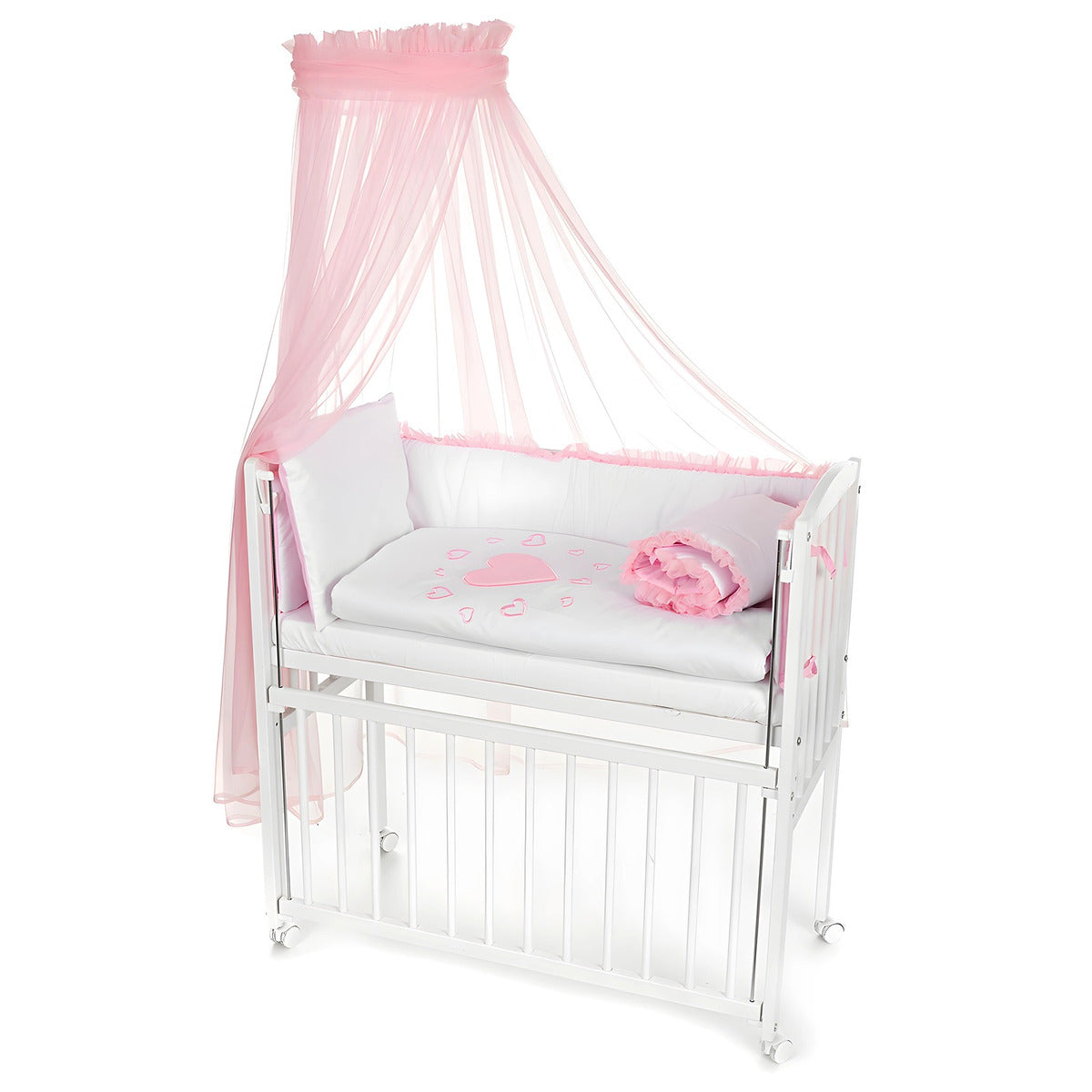 Mobiles Beistellbett 90x40 mit Rollen Komplett Herzen rosa - babyhafen.de
