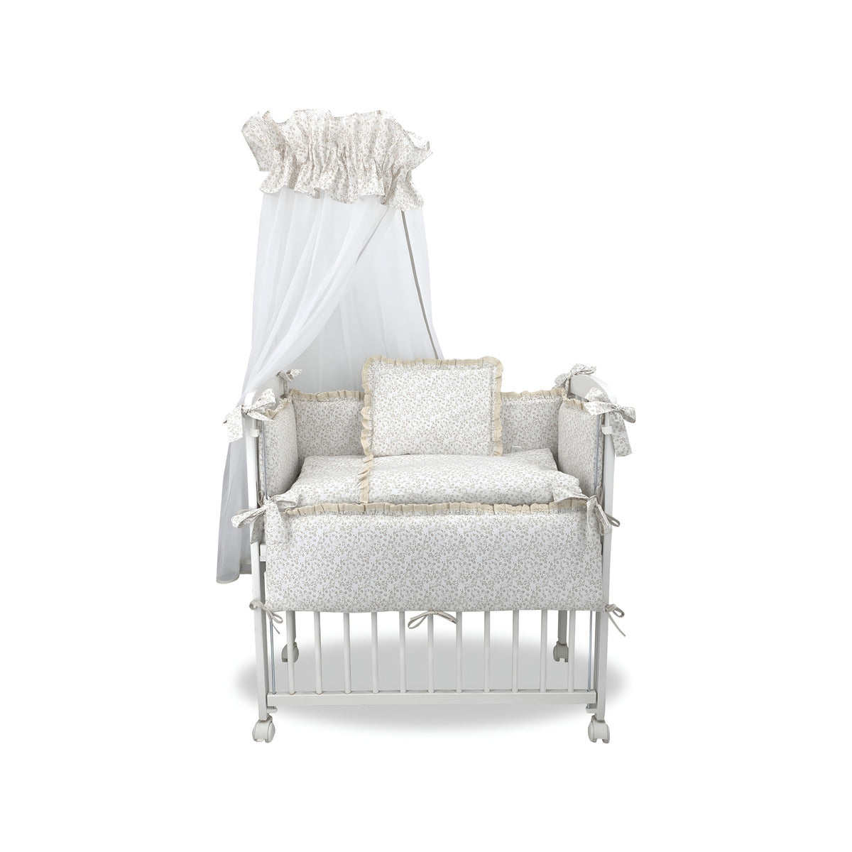 Beistellbett 40×90 Komplettset – Blümchen Beige, Rüschen & Spitze - babyhafen.de