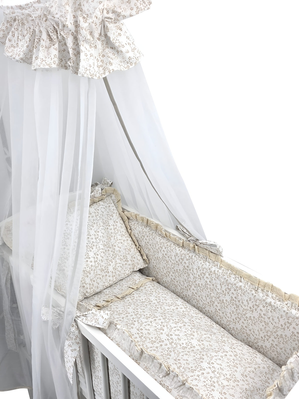 Beistellbett 40×90 Komplettset – Blümchen Beige, Rüschen & Spitze - babyhafen.de