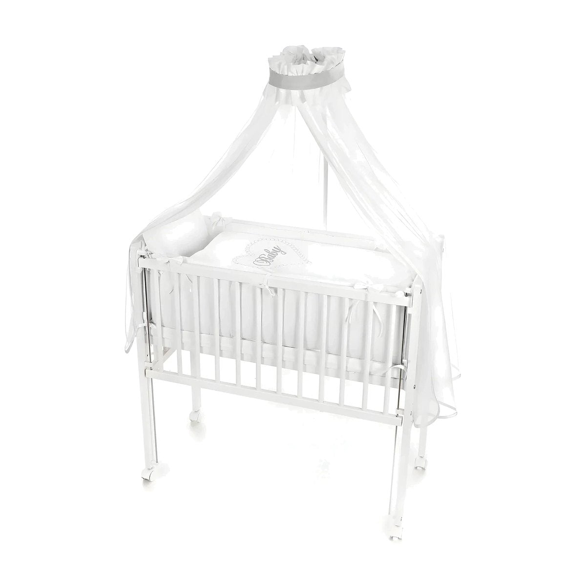 Babybett Komplett-Set in Weiß mit Himmel, Nestchen und Rollen