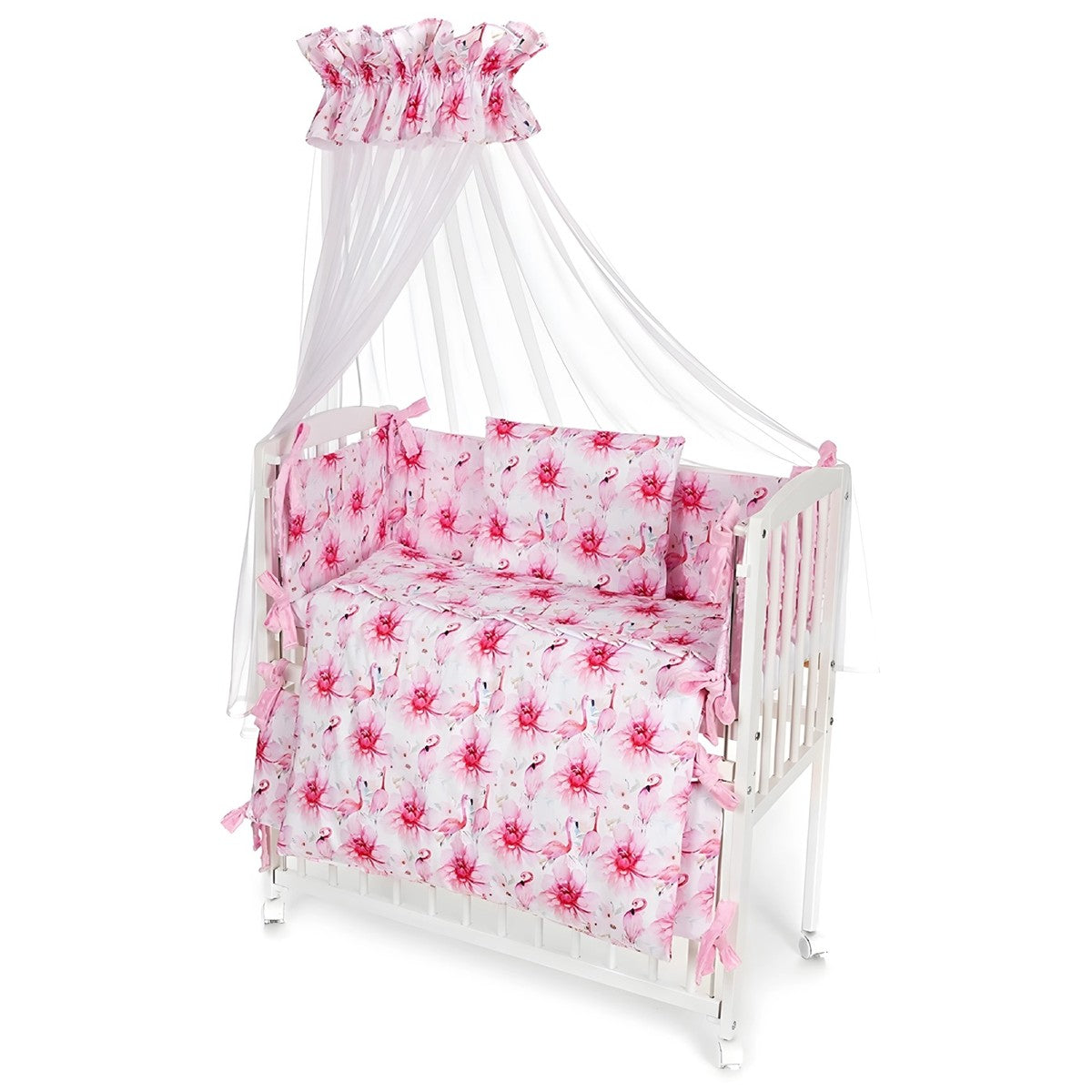 Baby Beistellbett 90x40 cm – mit Matratze & Minky – Flamingo & Pfingstrose