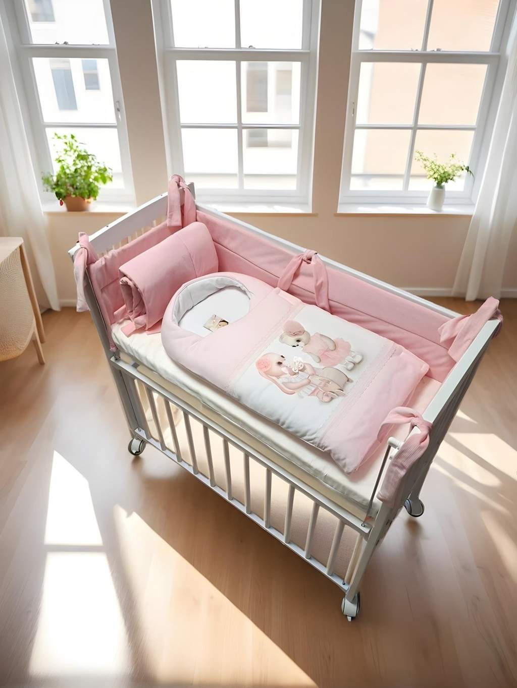 Beistellbett Baby weiß mit rosa Bio Baumwolle Nestchen & Matratze - babyhafen.de