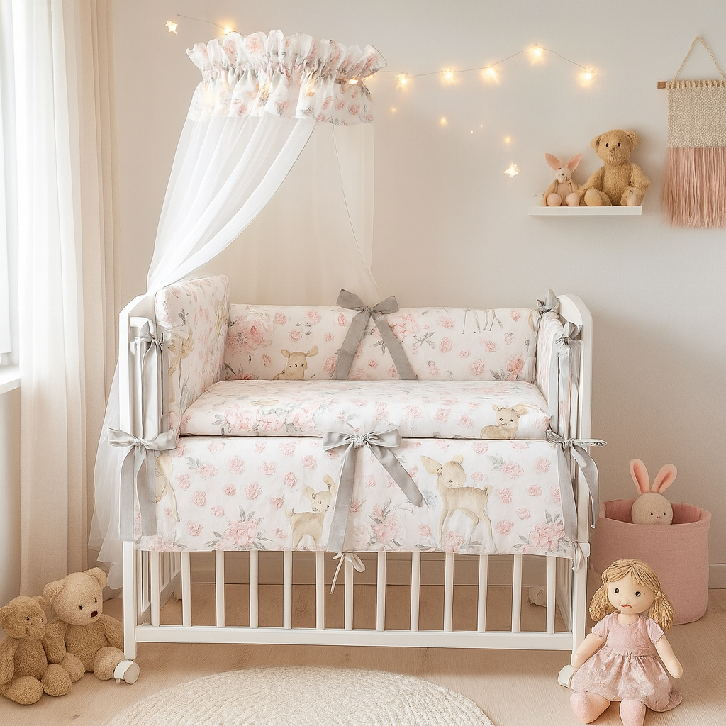 Babyhafen Stillbett Rehmotiv – Kuscheliges Babybett 90x40 mit Bettset und Baldachin