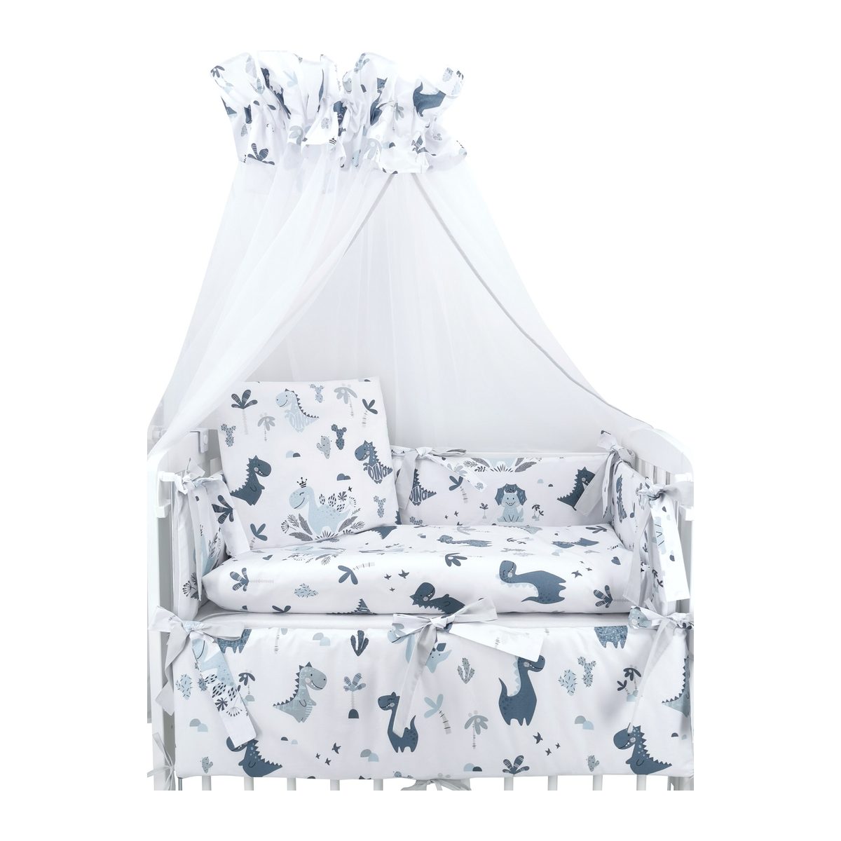 Babyhafen Beistellbett weiß mit blauer Dino-Bettwäsche und Himmel