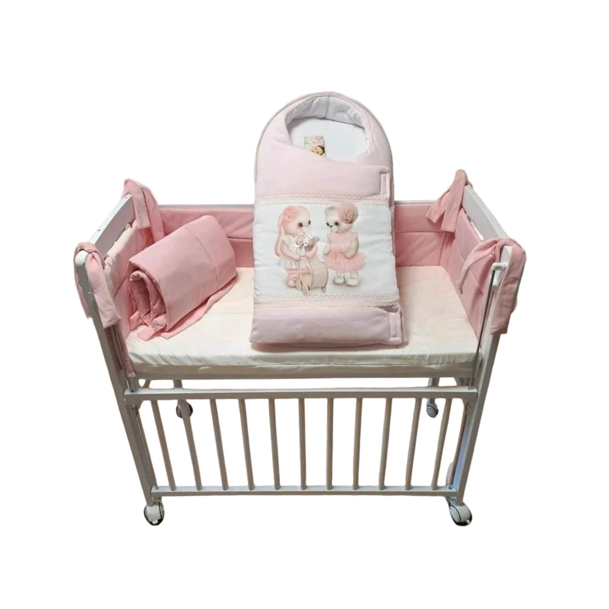 Beistellbett Baby weiß mit rosa Bio Baumwolle Nestchen & Matratze - babyhafen.de