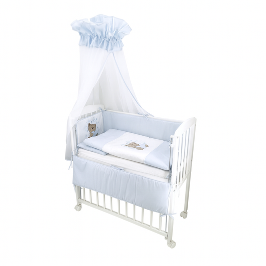 3in1 Beistellbett Weiß mit Knuddelbärchen-Bettwäsche in Blau