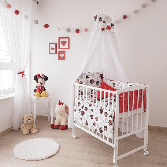 Babybett Set Weiß mit Himmel, Bettset Minnie Maus Rot-Weiß - babyhafen.de