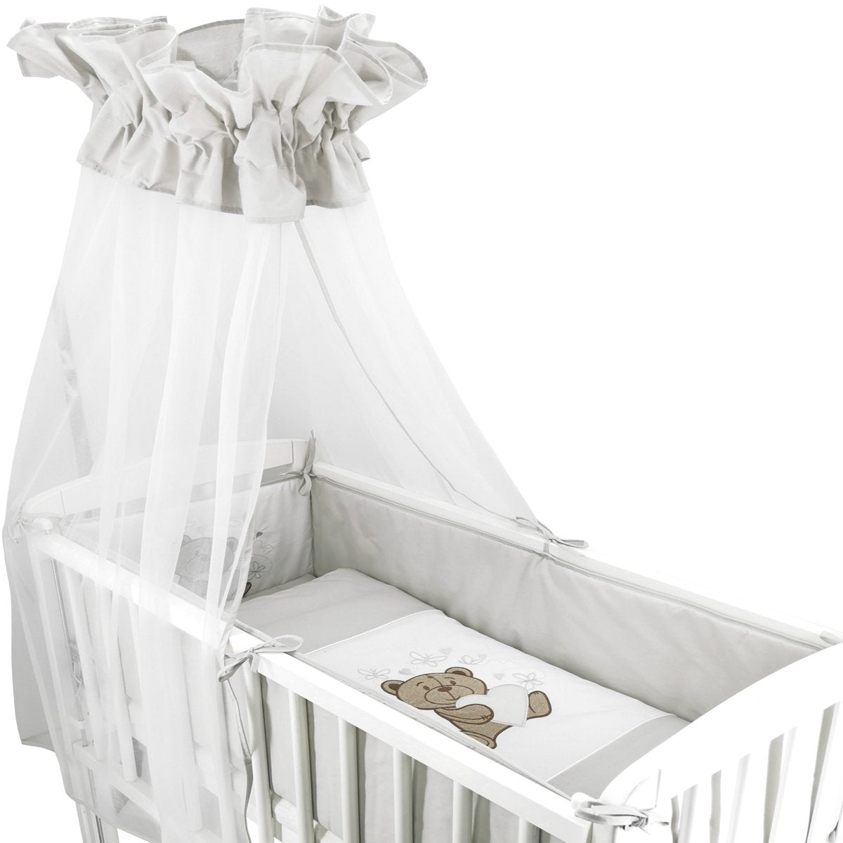 Beistellbett Komplettbett mit Teddy Bär und Schmetterlingen in Grau-Weiß, Babybett mit bestickter Bettwäsche – babyhafen.de