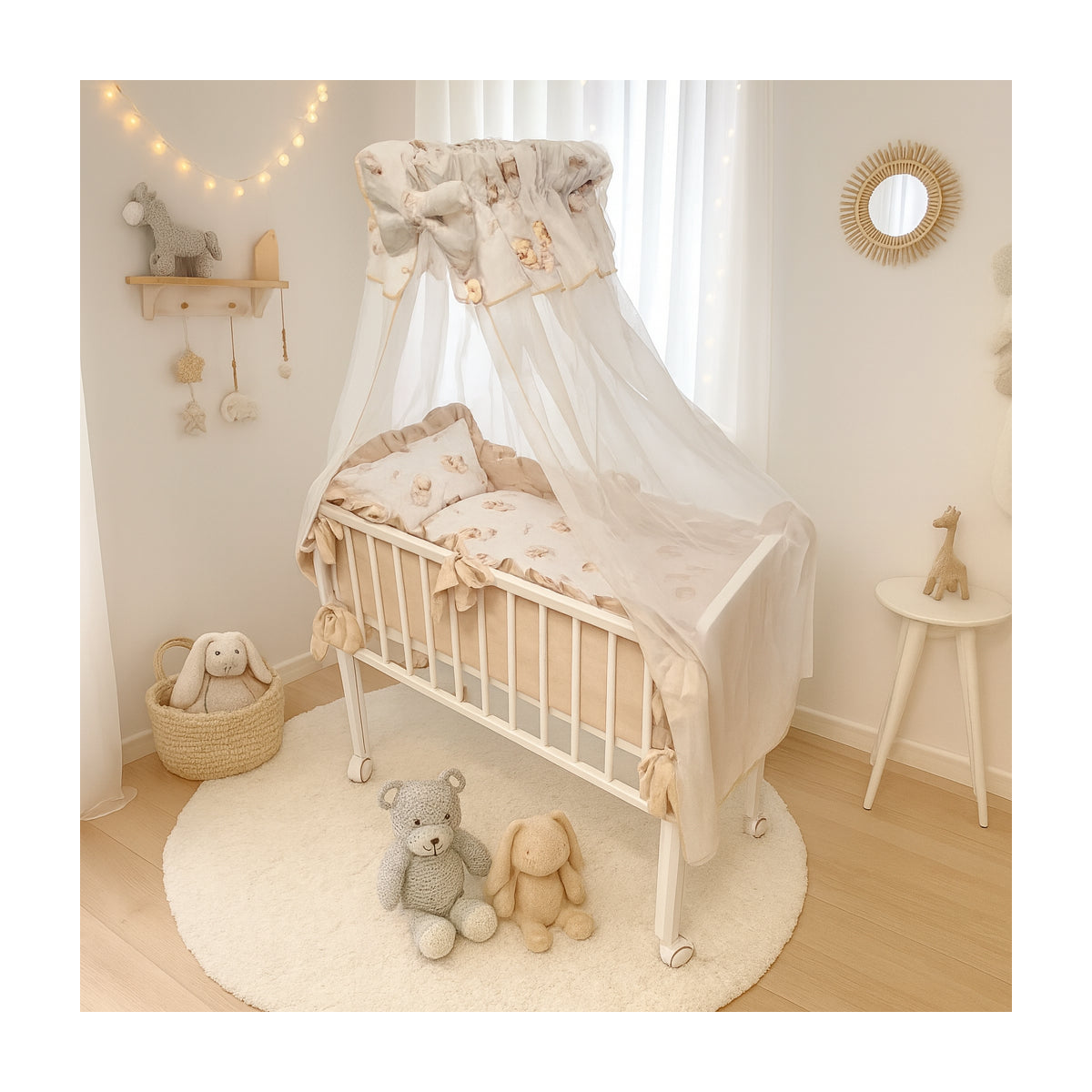 Babybett 3in1 Beige mit Teddybär-Design und Moskitonetz – Babyhafen Kollektion
