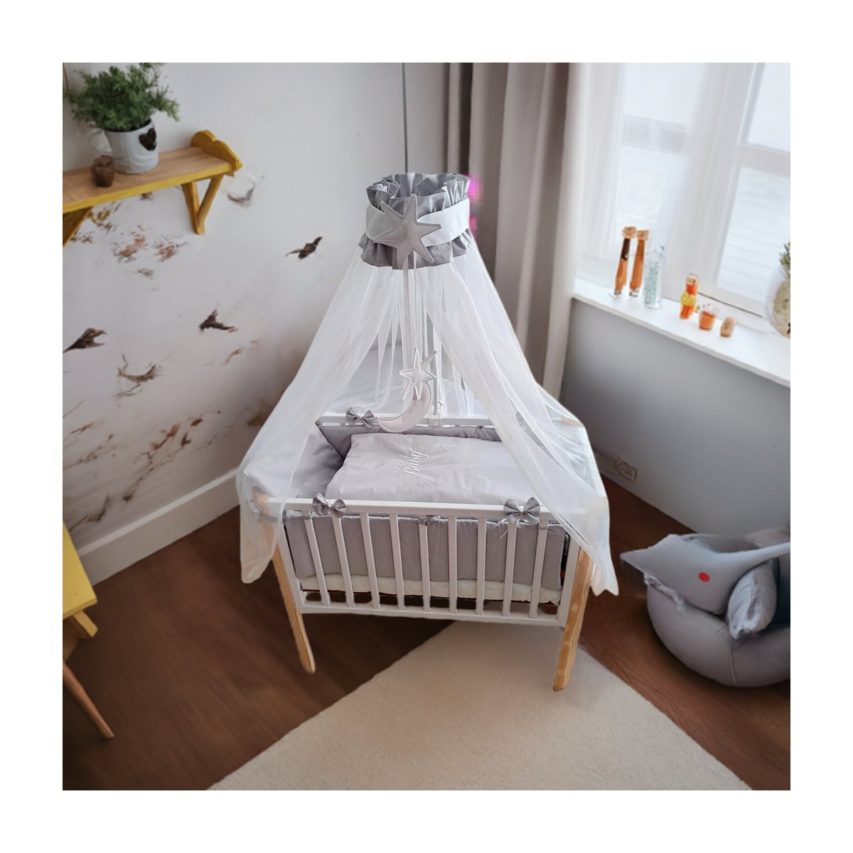 Beistellbett Stubenbett BABY HERZEN Schleifen Grau