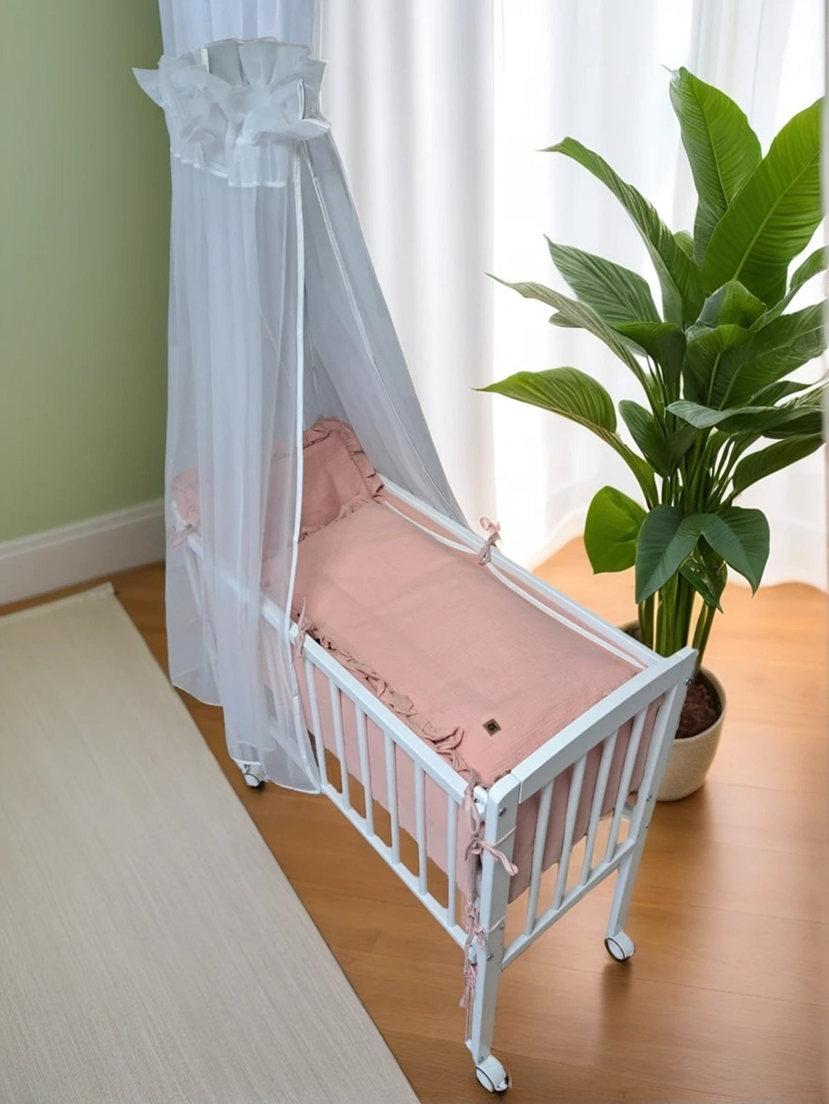 Beistellbett 40x90 mit Matratze, Himmel & 6tlg. Musselin Rosa Bettwäsche + Wagen-Set - babyhafen.de