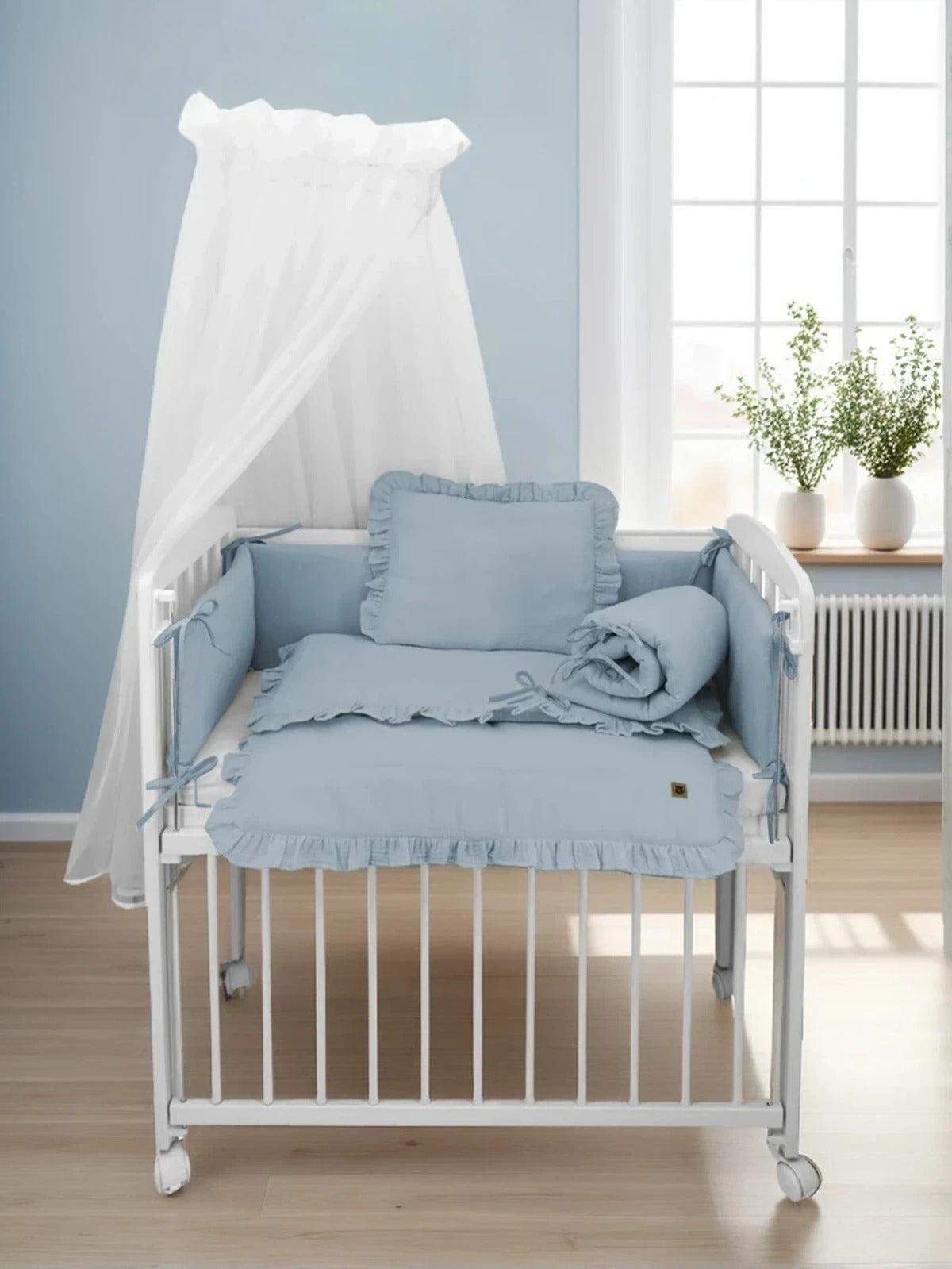 3in1 Beistellbett in Weiss mit Musselin Bettwäsche Jeans – Baby Komfort - babyhafen.de