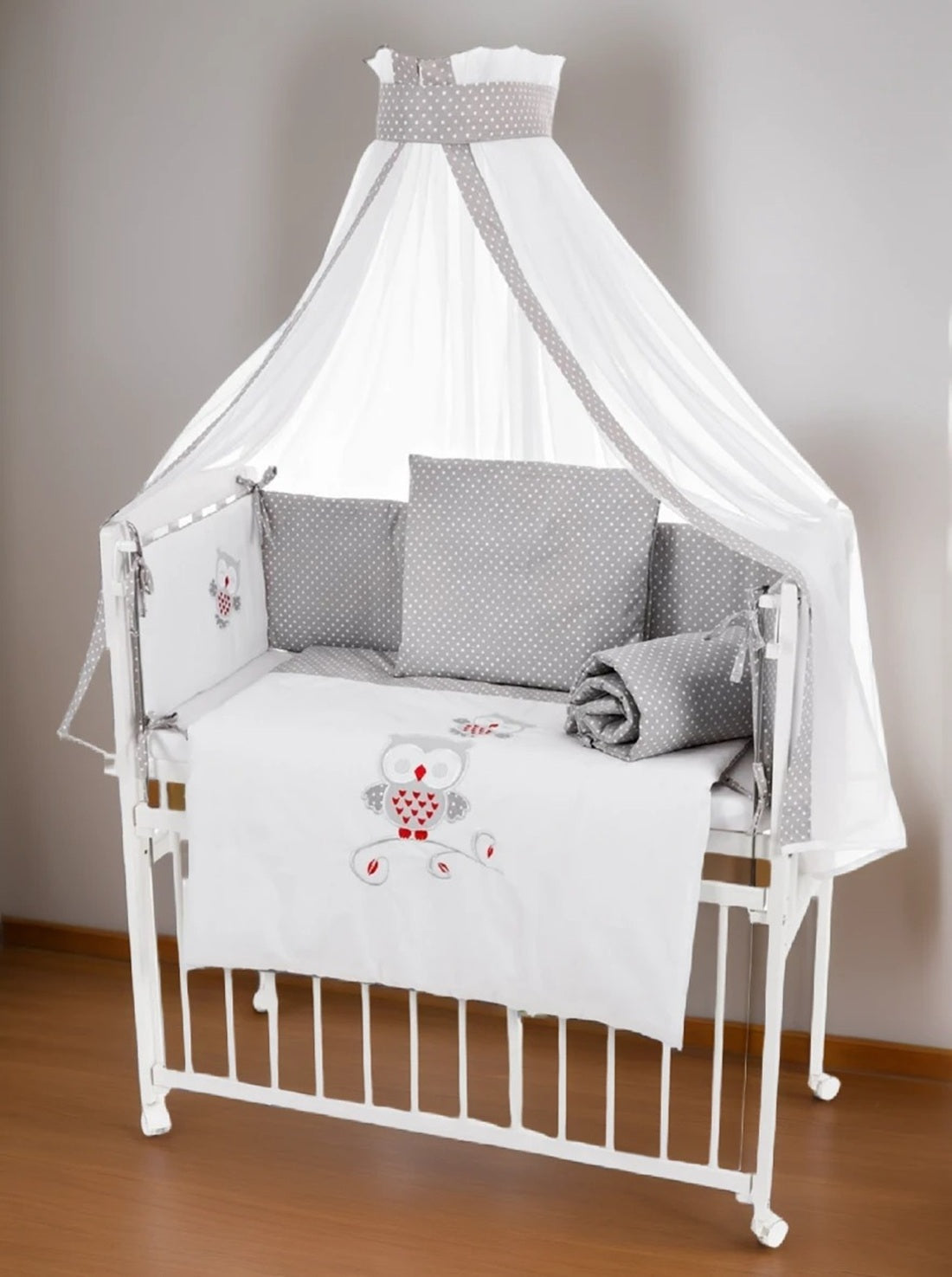 Beistellbett mit Matratze & Nestchen – Eulenmotiv Grau - babyhafen.de