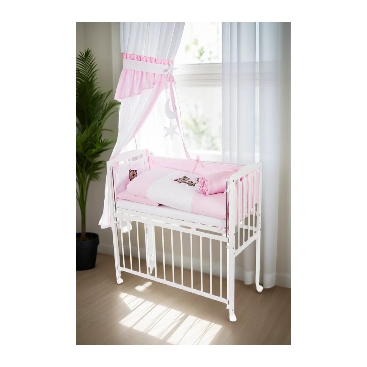 Beistellbett, weiß Boxspring inkl. textiler Ausstattung Teddy rosa
