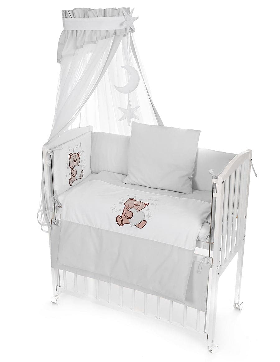 7-teilig Bettwäsche-Stickerei für Beistellbett grau Bear - babyhafen.de