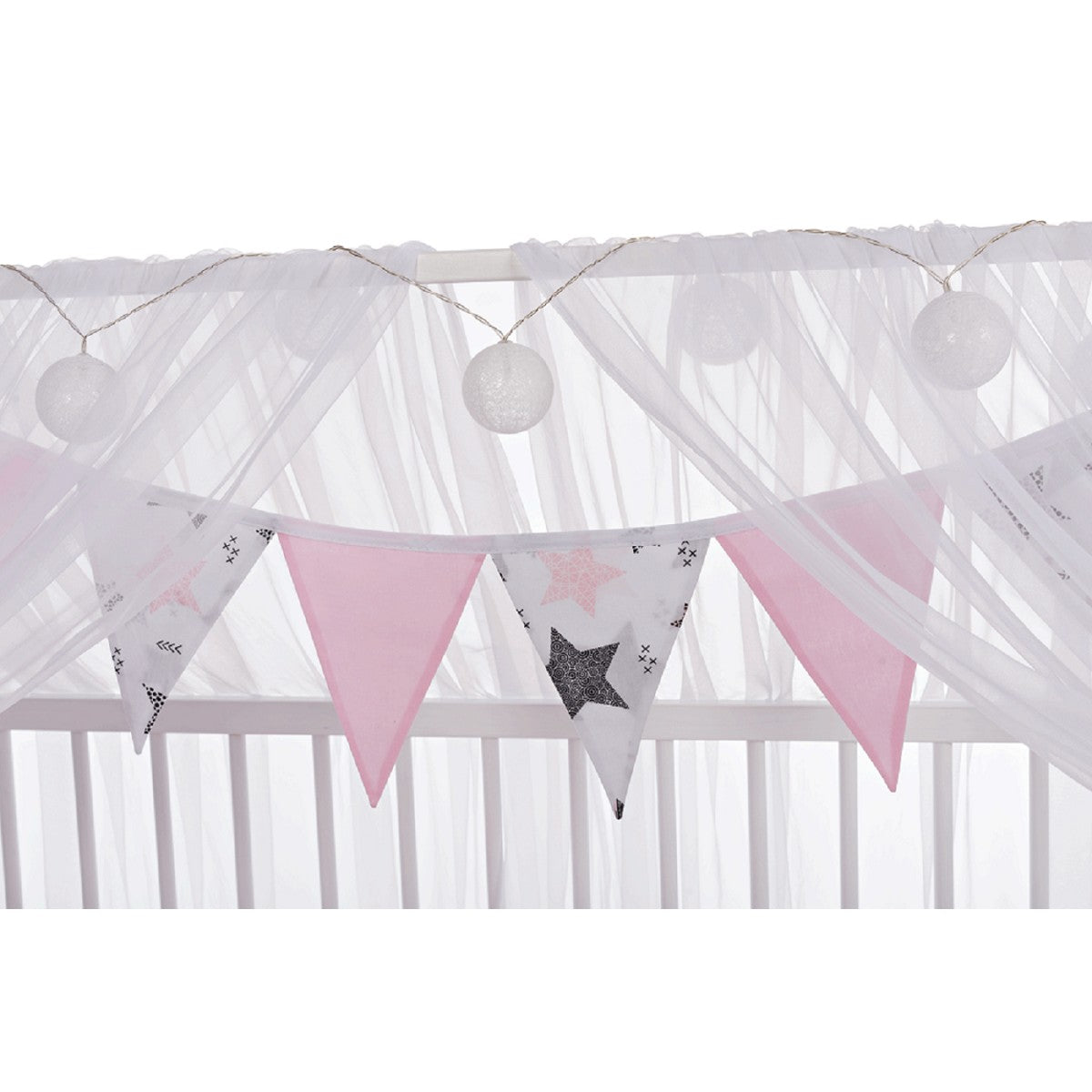 Babyhafen Deko-Set Rosa Sterne – Wimpelgirlande und Lichterkette am Hausbett