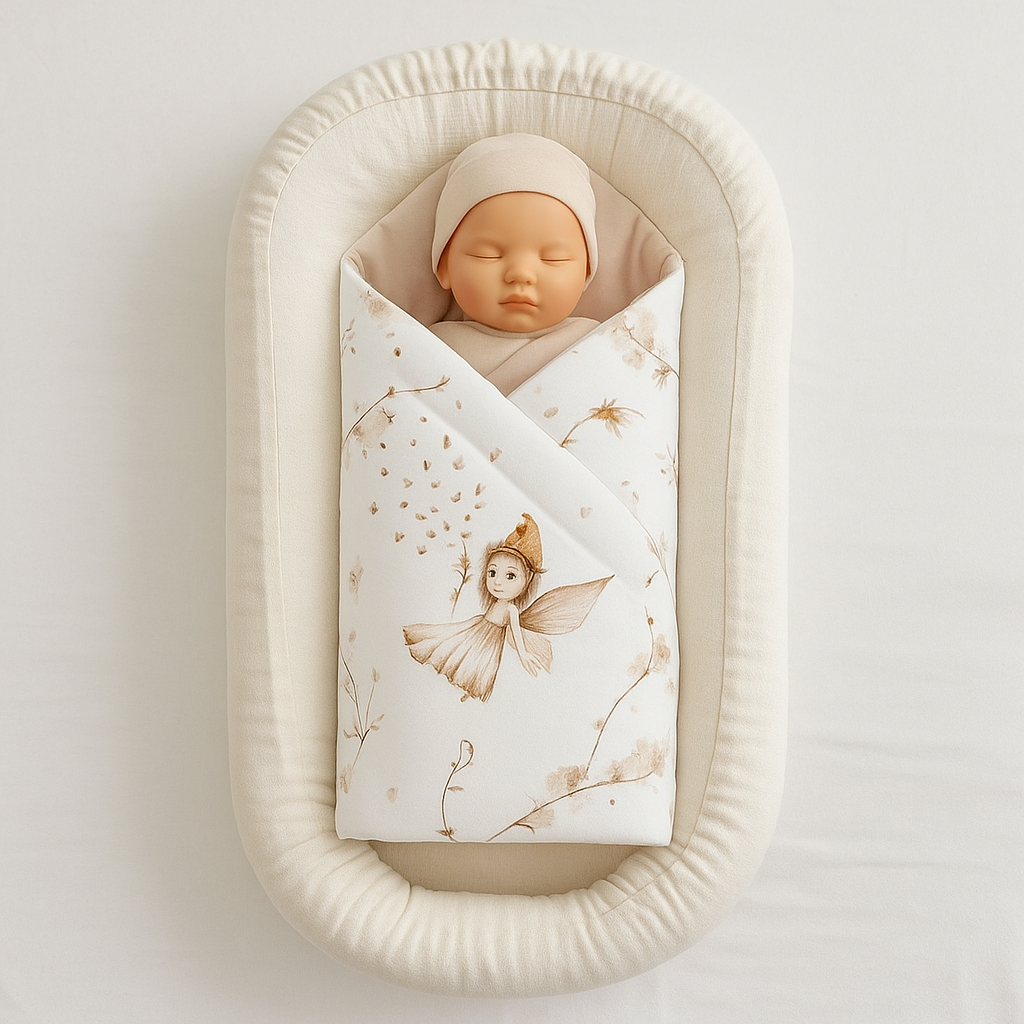 Babypuppe liegt in weißer Einschlagdecke mit Feenmotiv in hellbeigem Babykokon auf weißem Hintergrund.