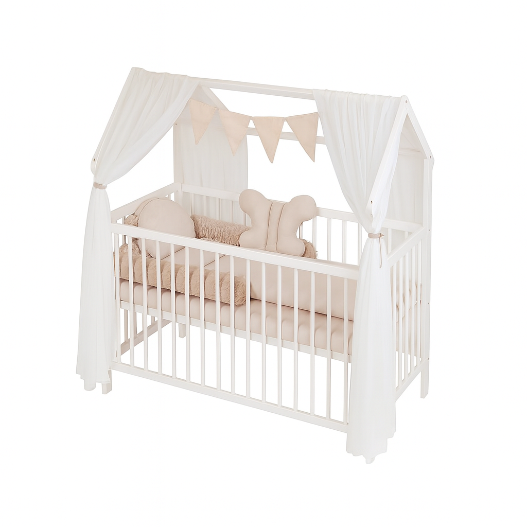 Hausbett 60x120 Weiß mit Himmel und Babybettset Beige