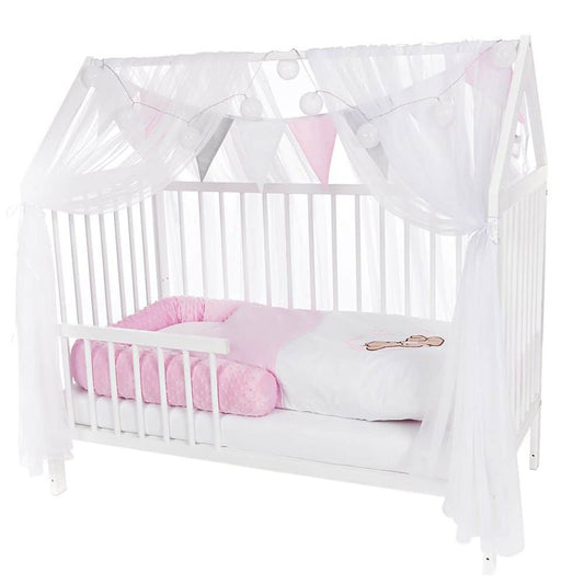 Hausbett Babybett 120x60 cm in Weiß mit rosa Teddy Bettwäsche und Rausfallschutz