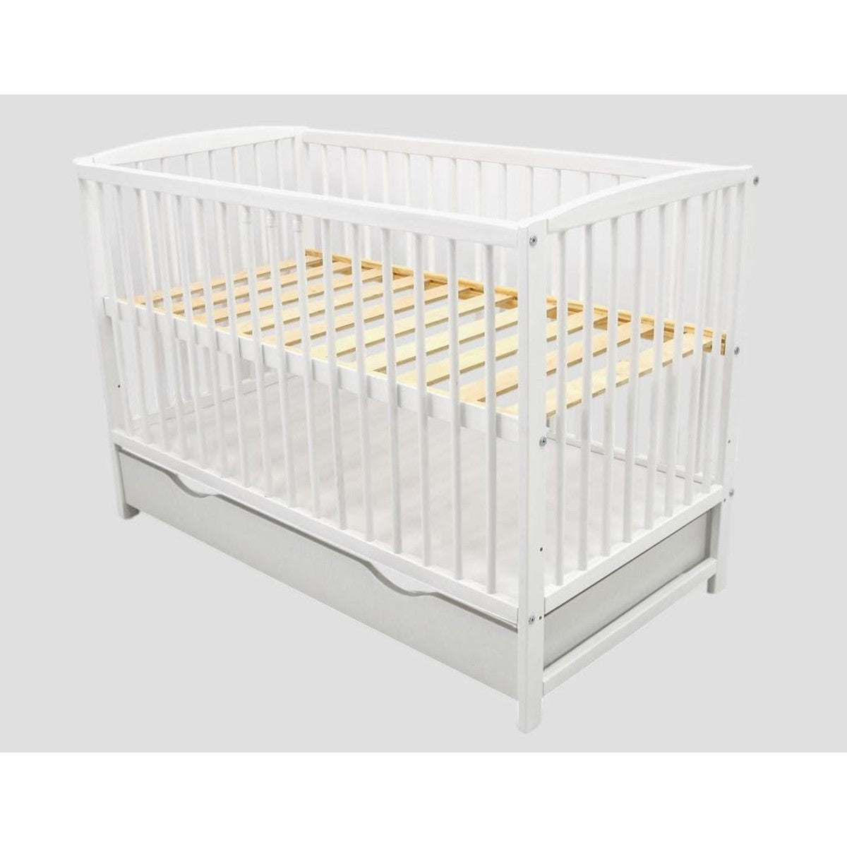 Kinderbett Esther 120x60 Weiß – Stabiles Babybett aus Massivholz mit höhenverstellbarem Lattenrost und Schublade