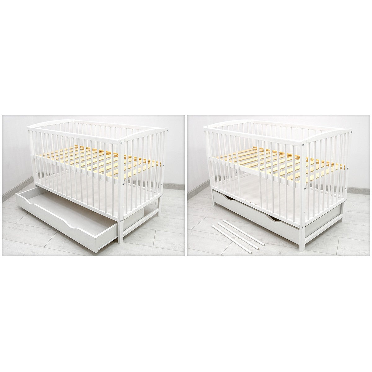 Kinderbett Esther Weiß 120x60 – Babybett aus Massivholz mit Schublade und herausnehmbaren Sprossen