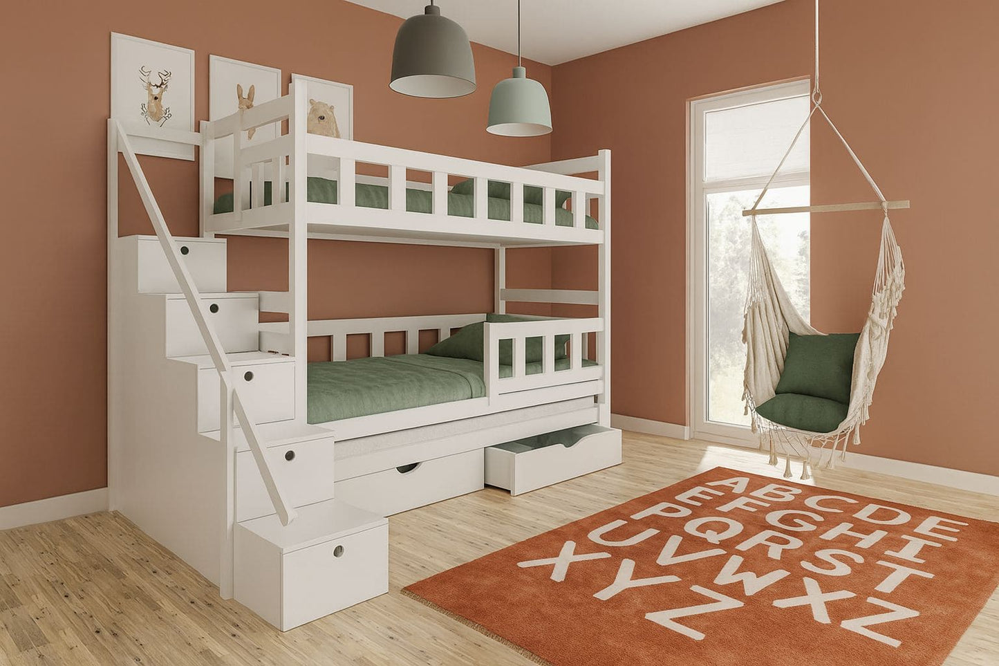 Etagenbett in Hausform aus Massivholz mit seitlicher Treppe und Schubladen – Modell Babyhafen