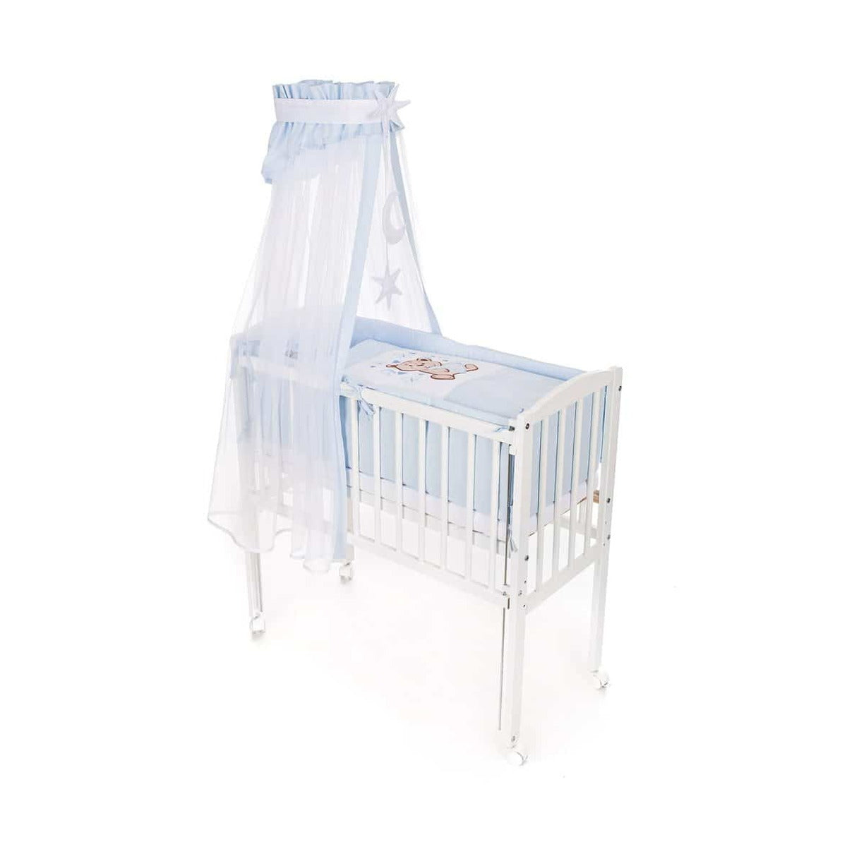 Mobiles Beistellbett mit Rollen Komplett Krabbeldecke Teddy Blau - babyhafen.de
